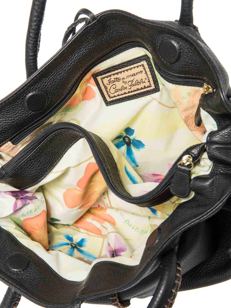 Carlos Falchi Leather Exposed Stitching Tassel Shoulder Bag Black-designer resale