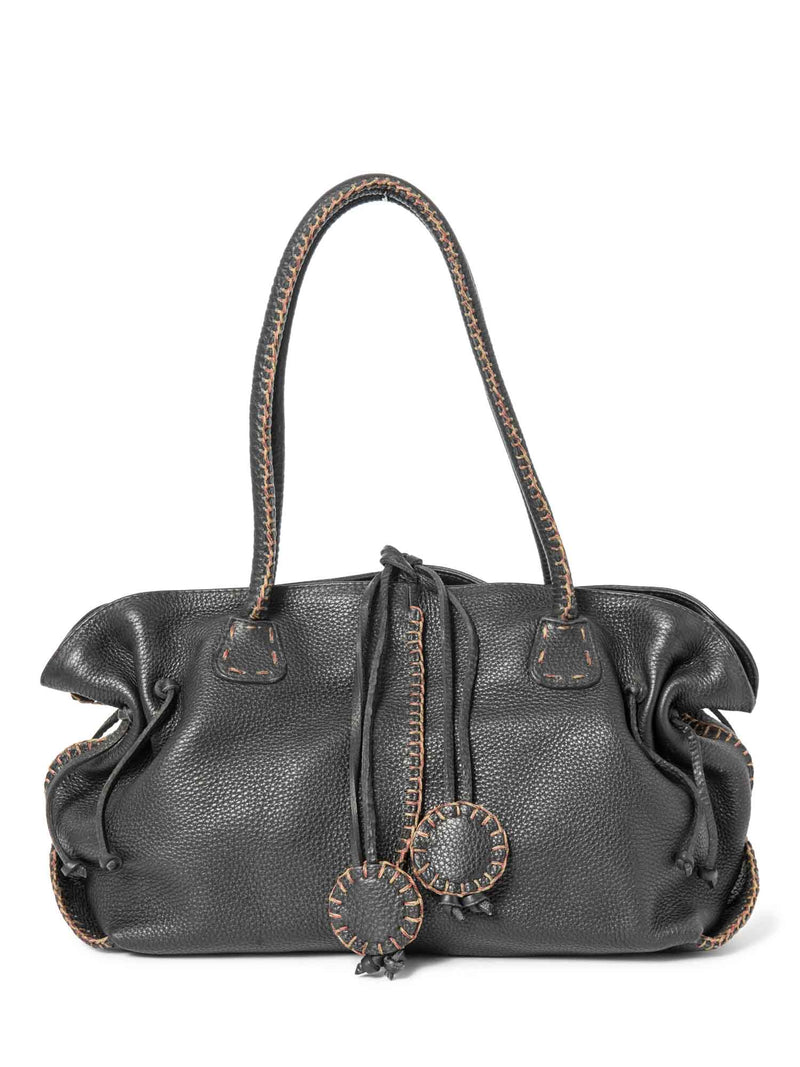 Carlos Falchi Leather Exposed Stitching Tassel Shoulder Bag Black-designer resale