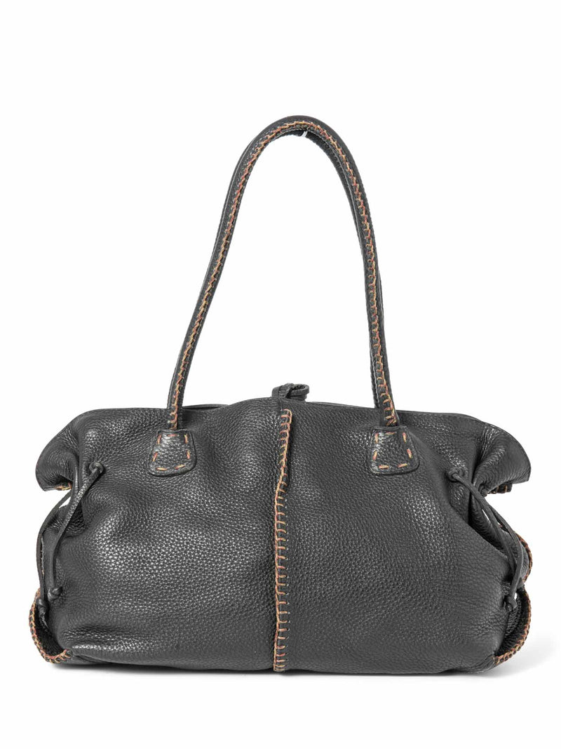 Carlos Falchi Leather Exposed Stitching Tassel Shoulder Bag Black-designer resale