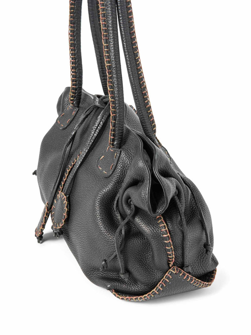 Carlos Falchi Leather Exposed Stitching Tassel Shoulder Bag Black-designer resale