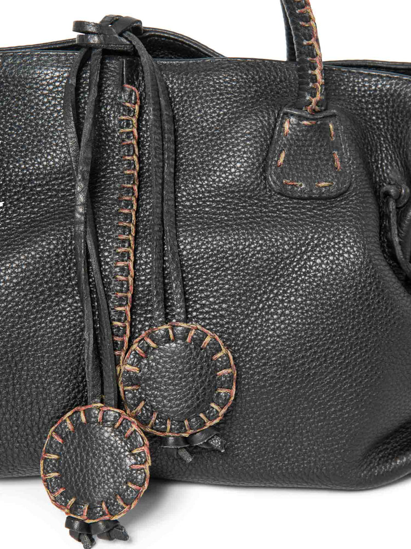 Carlos Falchi Leather Exposed Stitching Tassel Shoulder Bag Black-designer resale