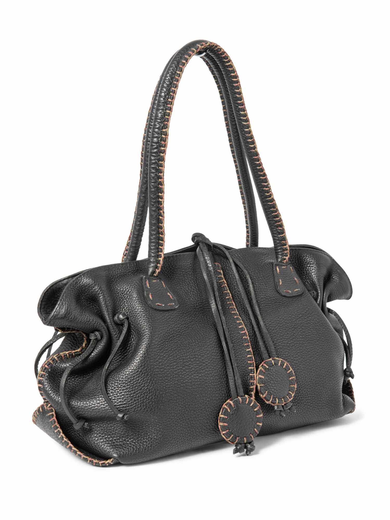 Carlos Falchi Leather Exposed Stitching Tassel Shoulder Bag Black-designer resale