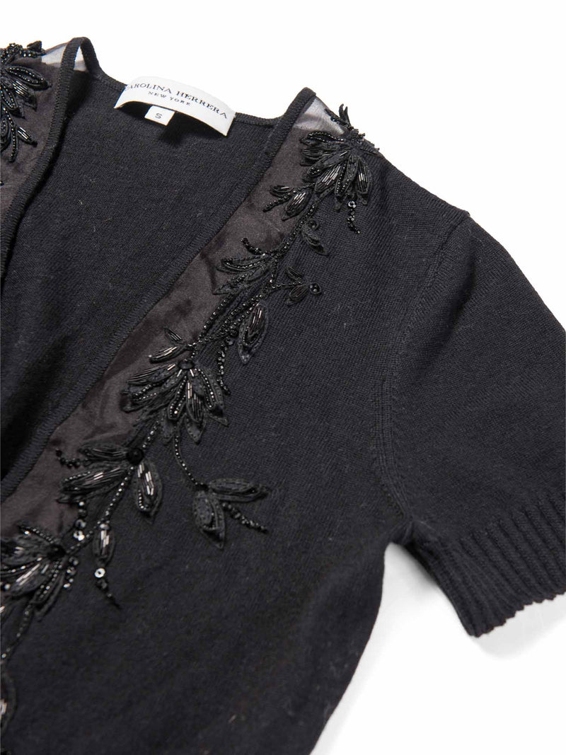 Carolina Herrera Wool Knit Embroidered Cropped Bolero Top Black-designer resale