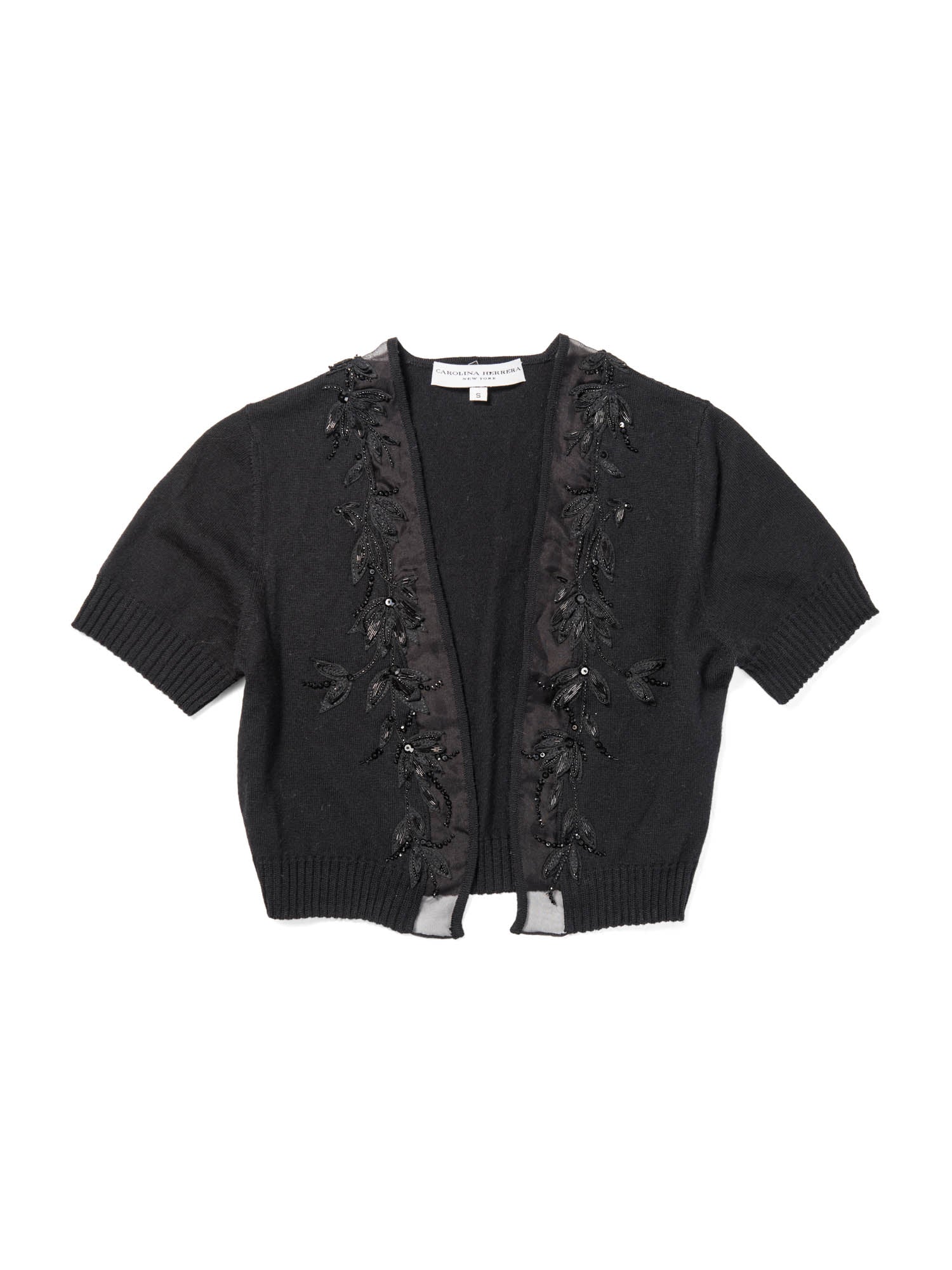 Carolina Herrera Wool Knit Embroidered Cropped Bolero Top Black-designer resale