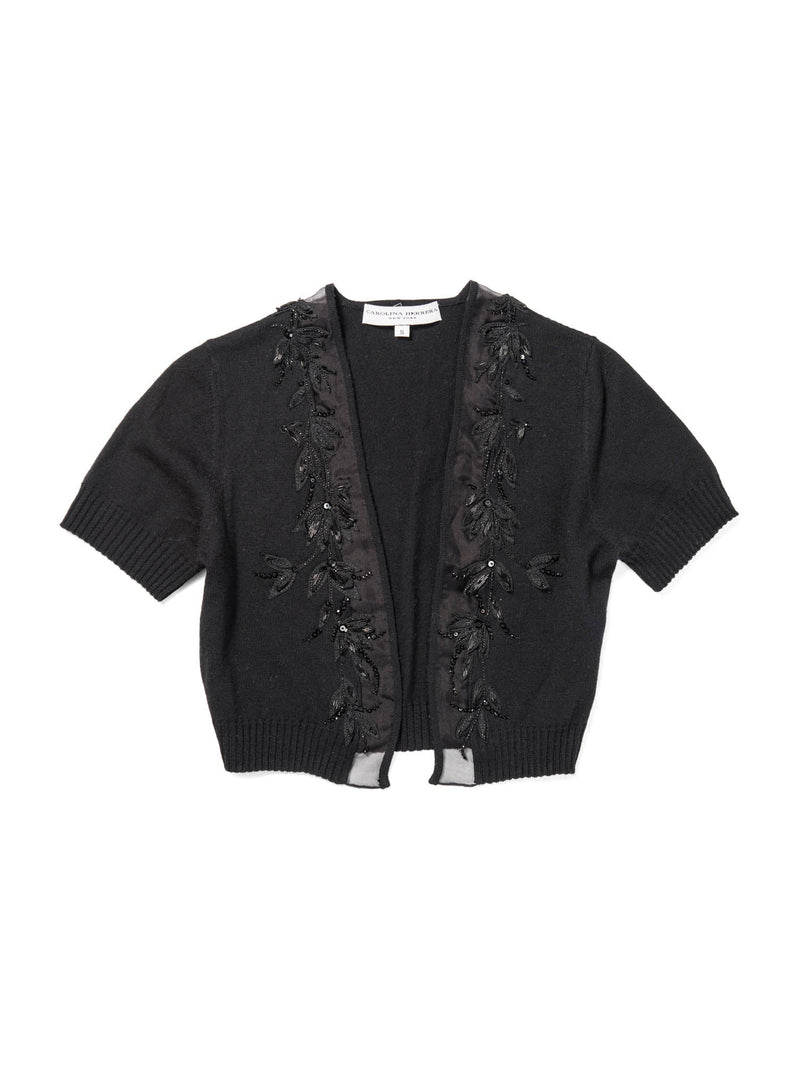 Carolina Herrera Wool Knit Embroidered Cropped Bolero Top Black-designer resale