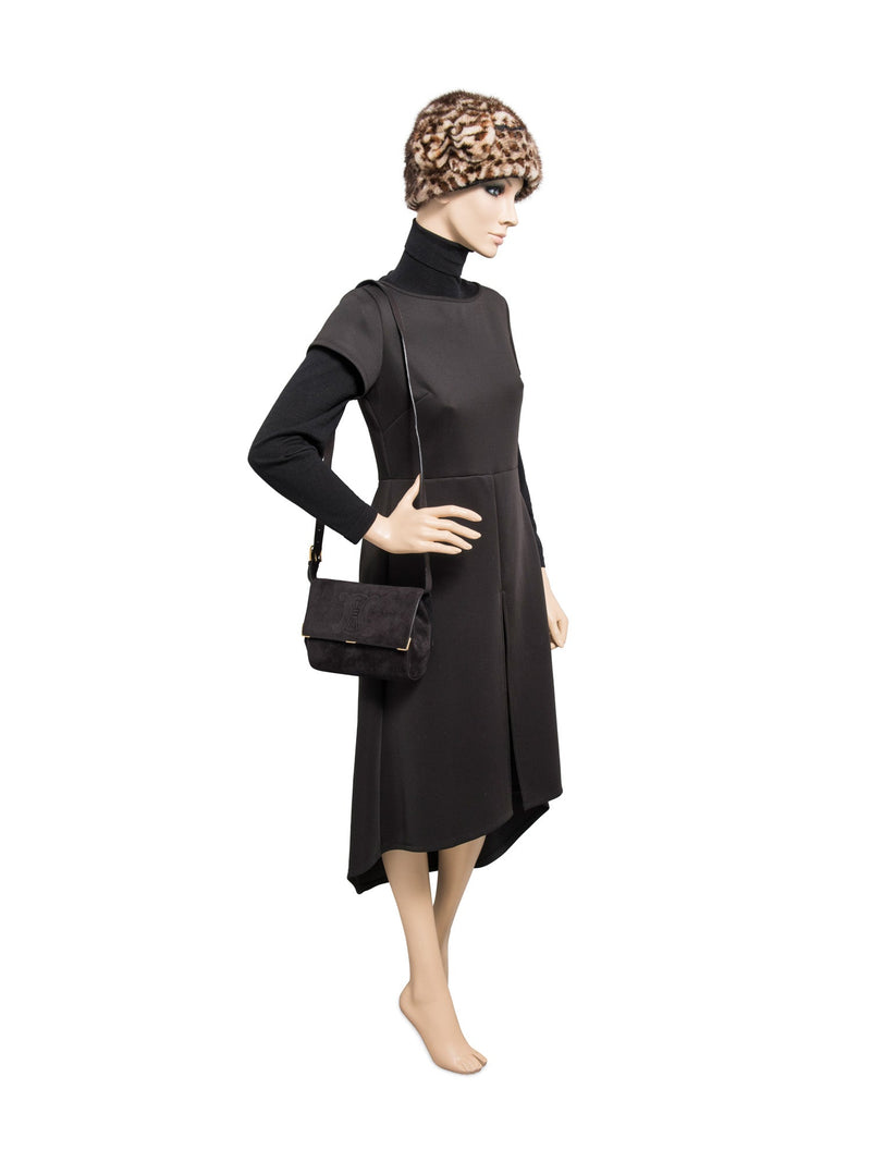 Celine Vintage Logo Debossed Suede Messenger Bag Black Gold-designer resale