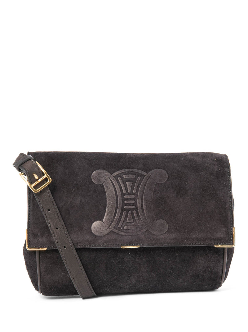 Celine Vintage Logo Debossed Suede Messenger Bag Black Gold-designer resale