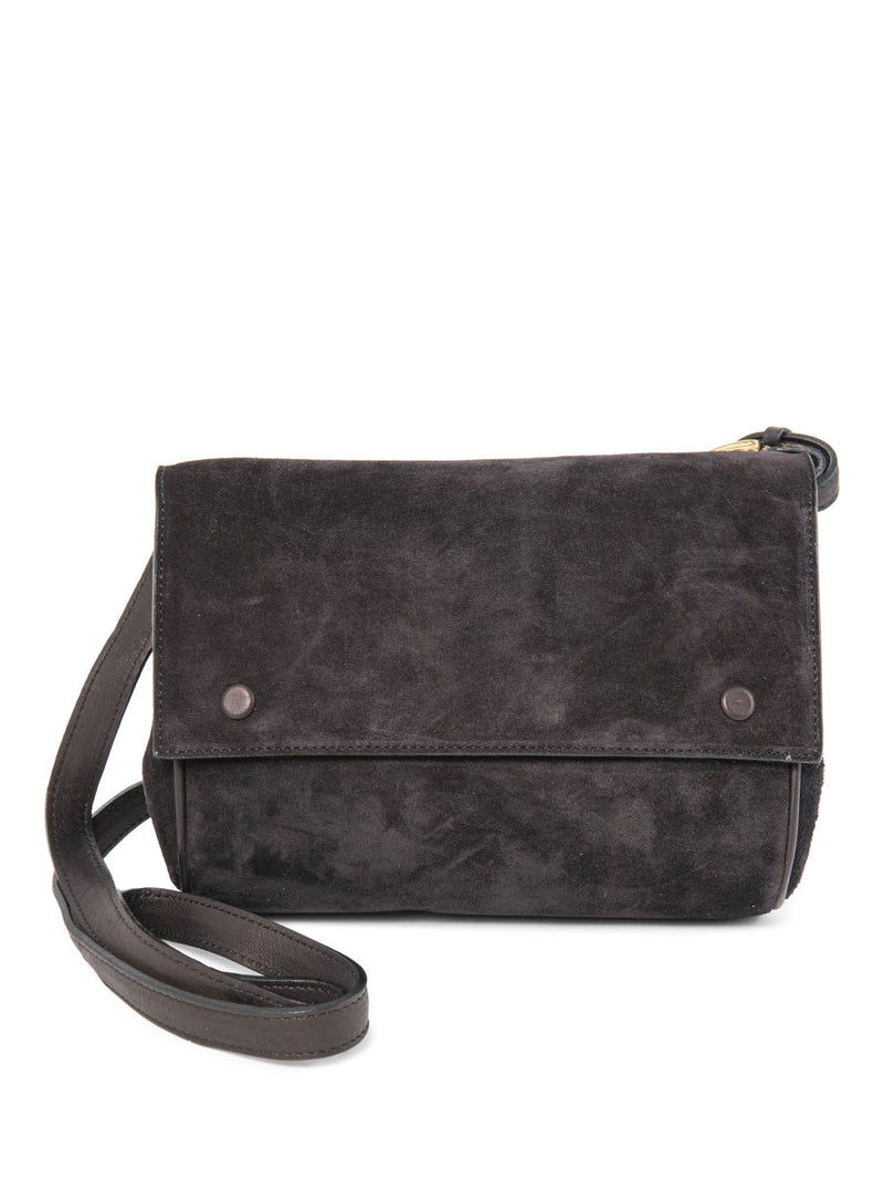 Celine Vintage Logo Debossed Suede Messenger Bag Black Gold-designer resale