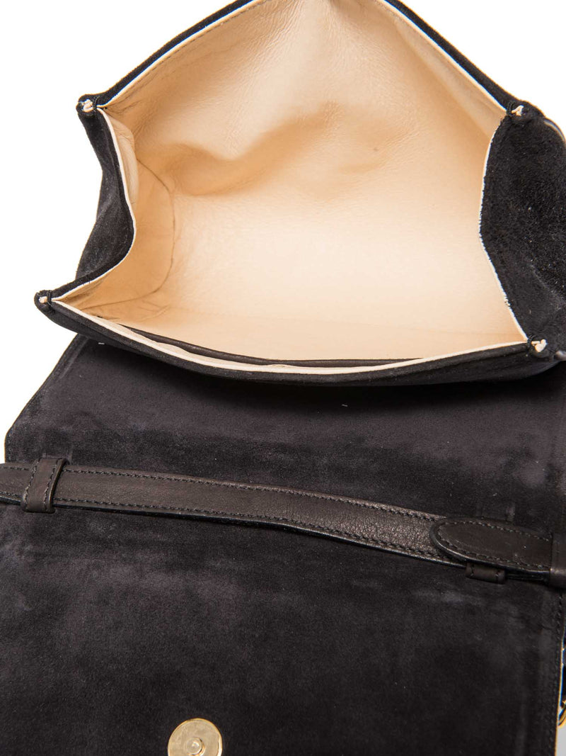 Celine Vintage Logo Debossed Suede Messenger Bag Black Gold-designer resale