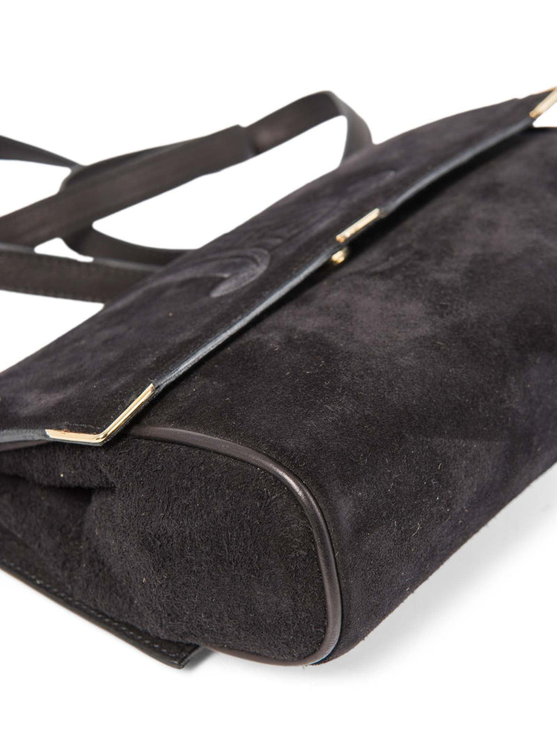 Celine Vintage Logo Debossed Suede Messenger Bag Black Gold-designer resale