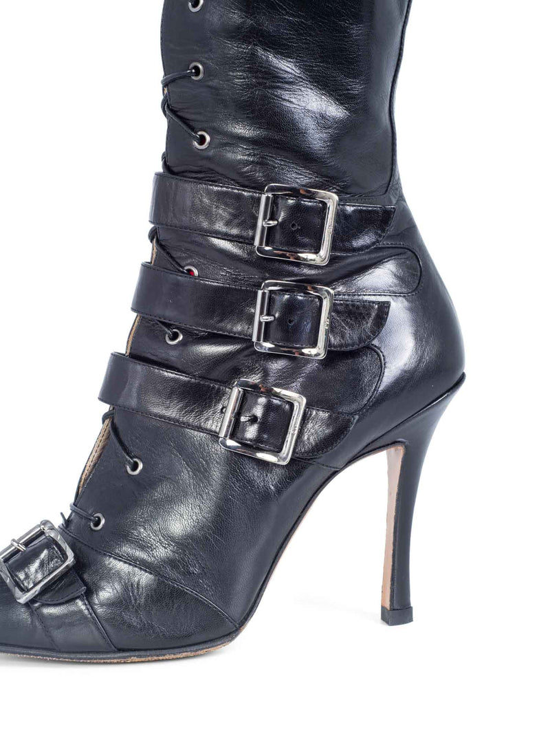 Christian Dior Leather Lace Up Buckle Strap Pointy Boots Black-designer resale
