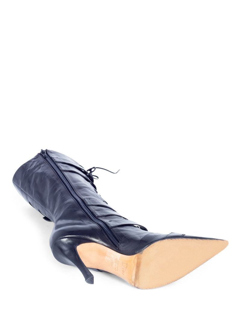 Christian Dior Leather Lace Up Buckle Strap Pointy Boots Black-designer resale