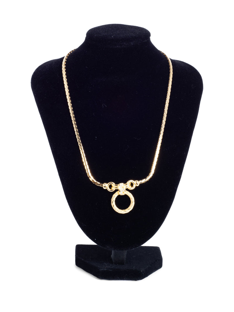 Christian Dior Logo Crystal Hoop Pendant Necklace Gold-designer resale