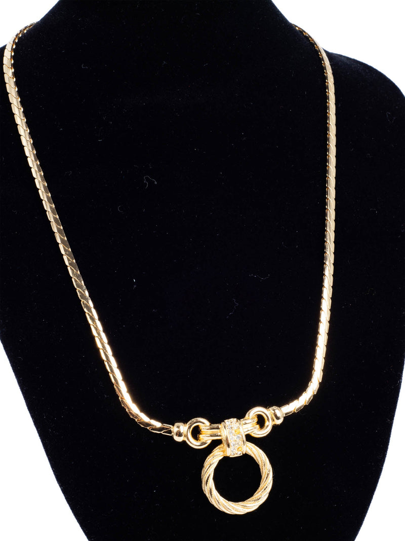 Christian Dior Logo Crystal Hoop Pendant Necklace Gold-designer resale