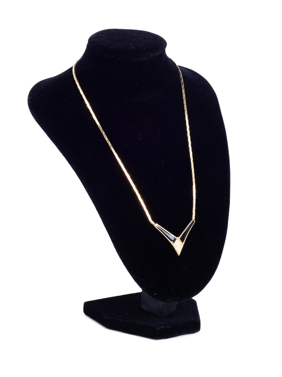 Christian Dior Logo Crystal Large Chevron Pendant Necklace Gold Black