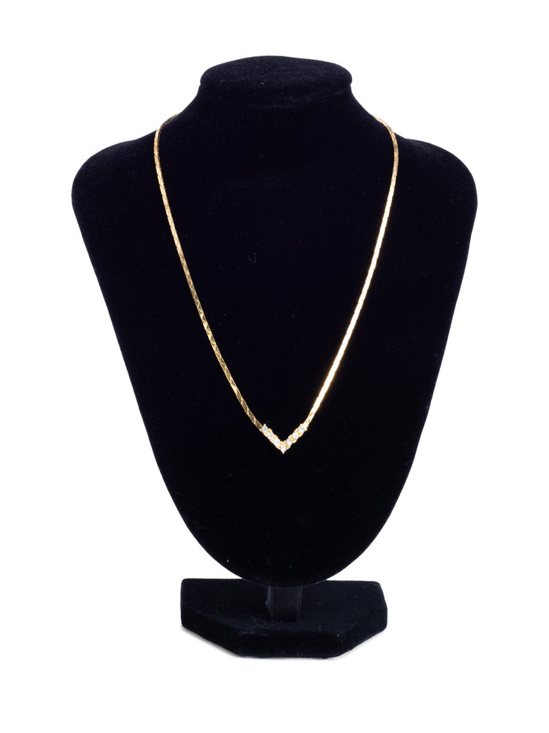 Christian Dior Logo Crystal Small Chevron Pendant Necklace Gold-designer resale