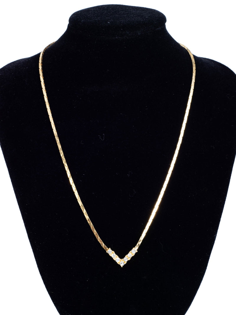 Christian Dior Logo Crystal Small Chevron Pendant Necklace Gold-designer resale