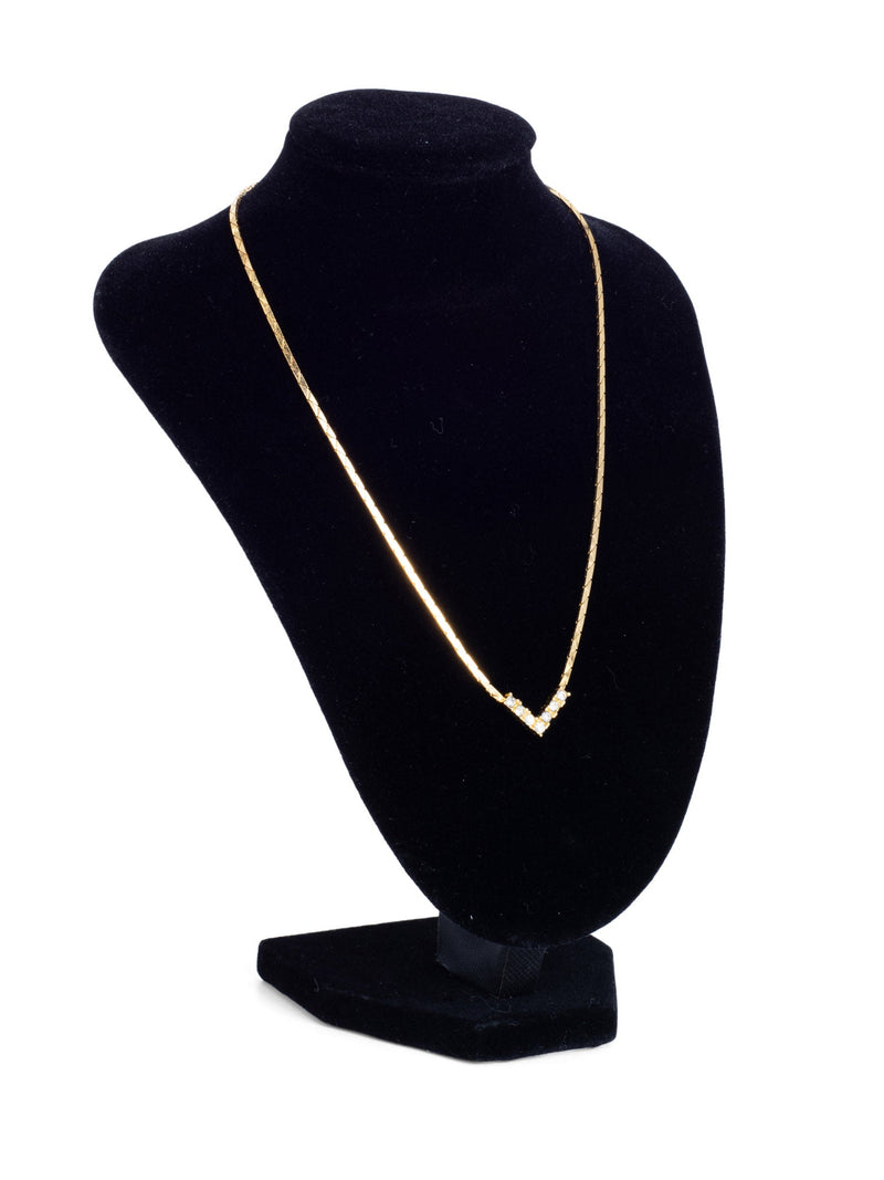 Christian Dior Logo Crystal Small Chevron Pendant Necklace Gold-designer resale