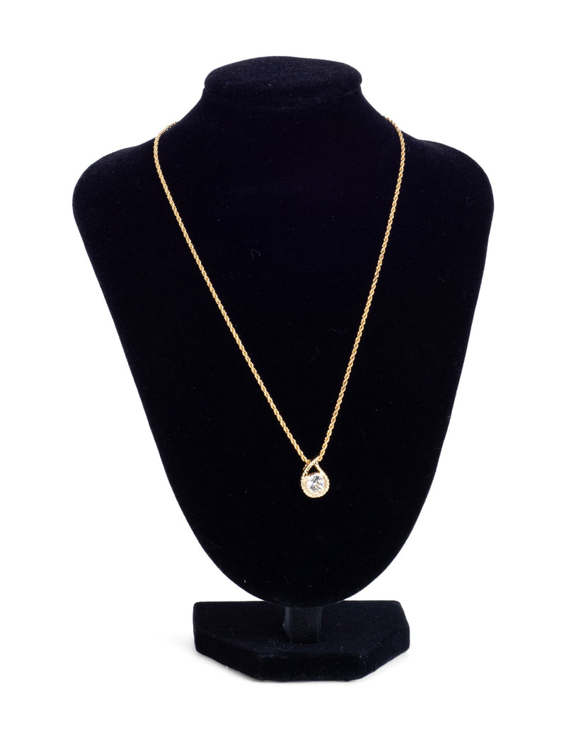Christian Dior Logo Crystal Solitaire Stone Raindrop Necklace Gold-designer resale