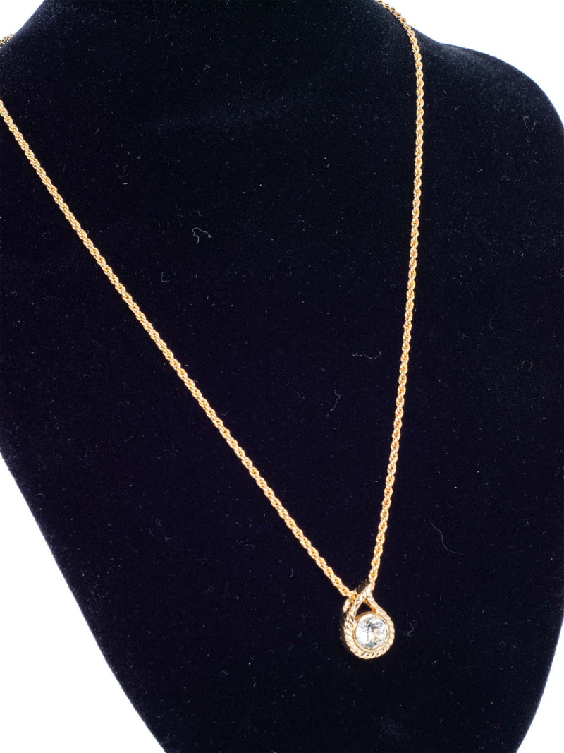 Christian Dior Logo Crystal Solitaire Stone Raindrop Necklace Gold-designer resale