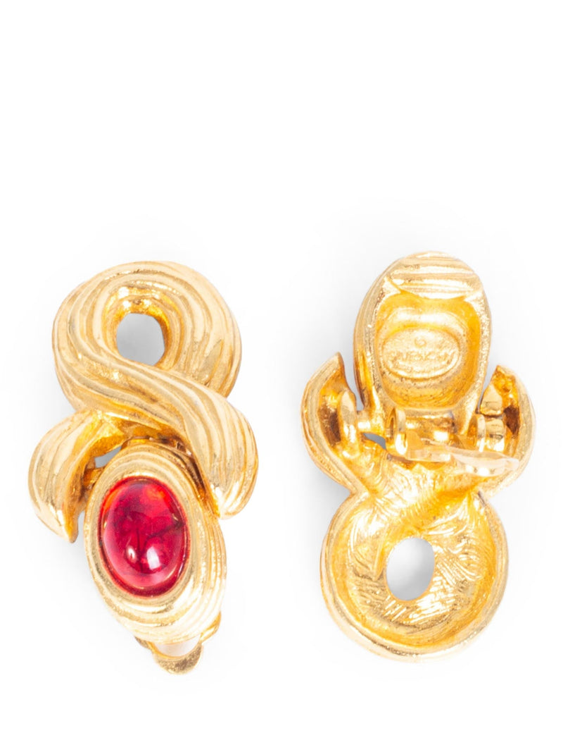 Christian Dior Logo Gripoix Clip On Earrings Gold Red-designer resale