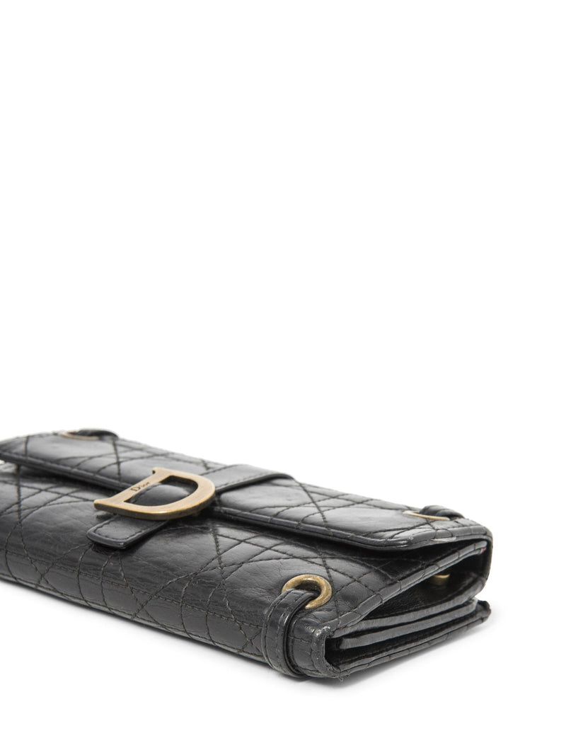 Christian Dior Logo Leather Cannage Quilted Wallet on Chain Black Gold-designer resale