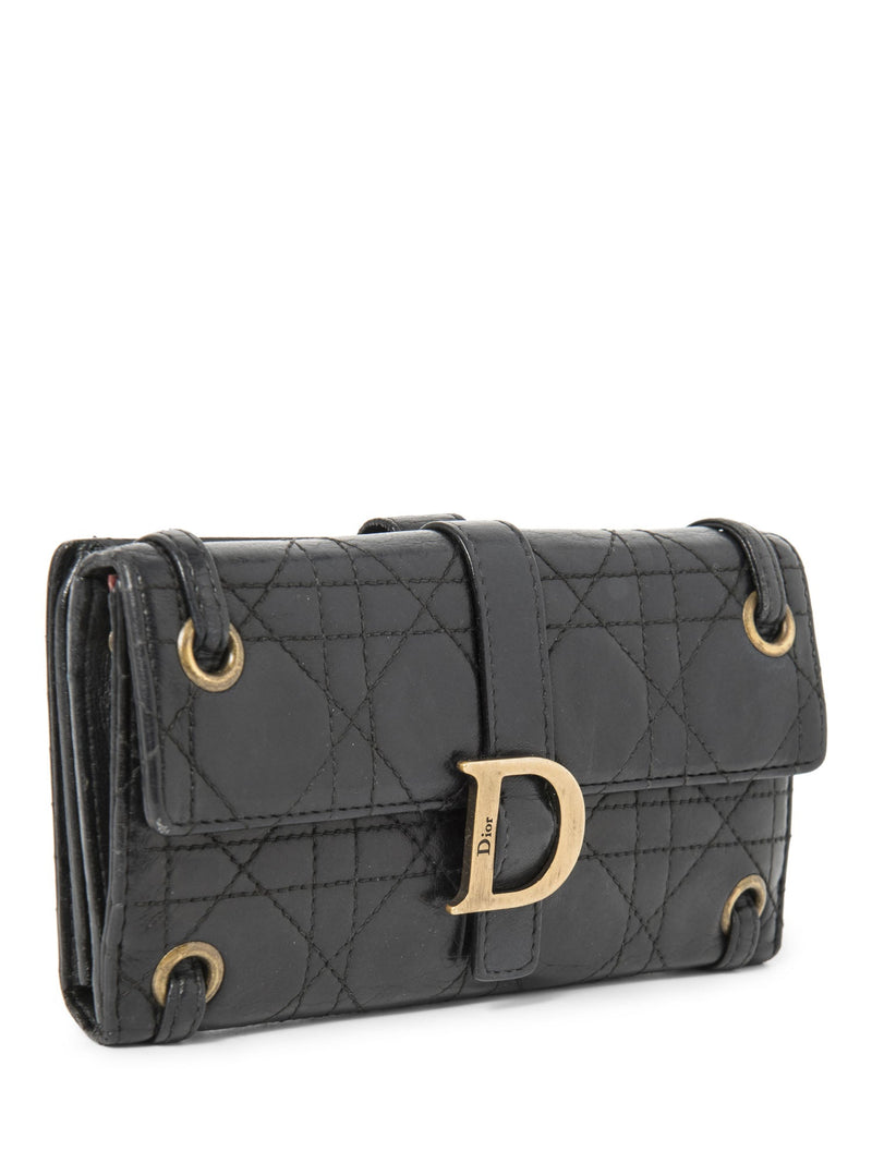 Christian Dior Logo Leather Cannage Quilted Wallet on Chain Black Gold-designer resale