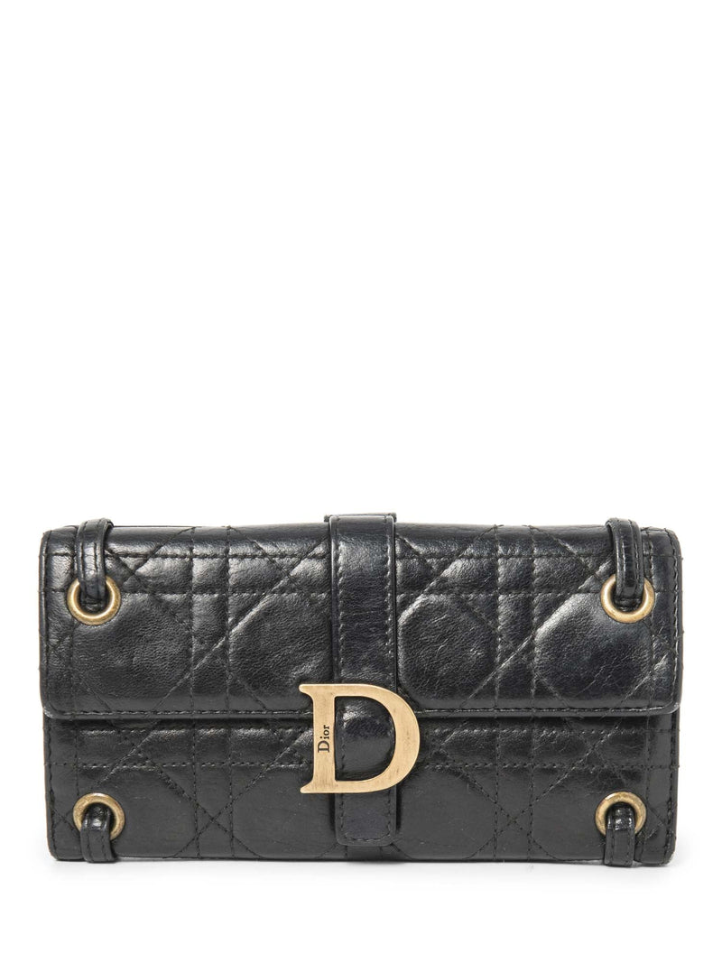 Christian Dior Logo Leather Cannage Quilted Wallet on Chain Black Gold-designer resale