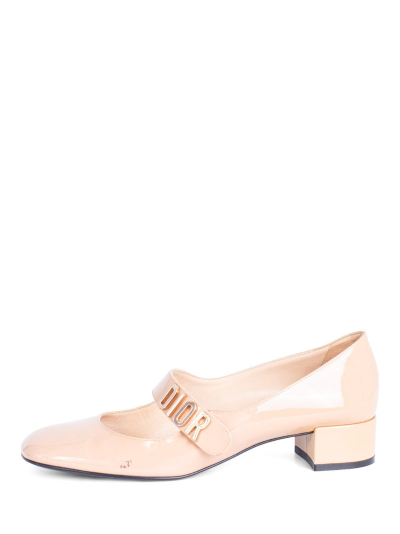 Christian Dior Logo Patent Leather Mary Jane Block Heels Beige-designer resale