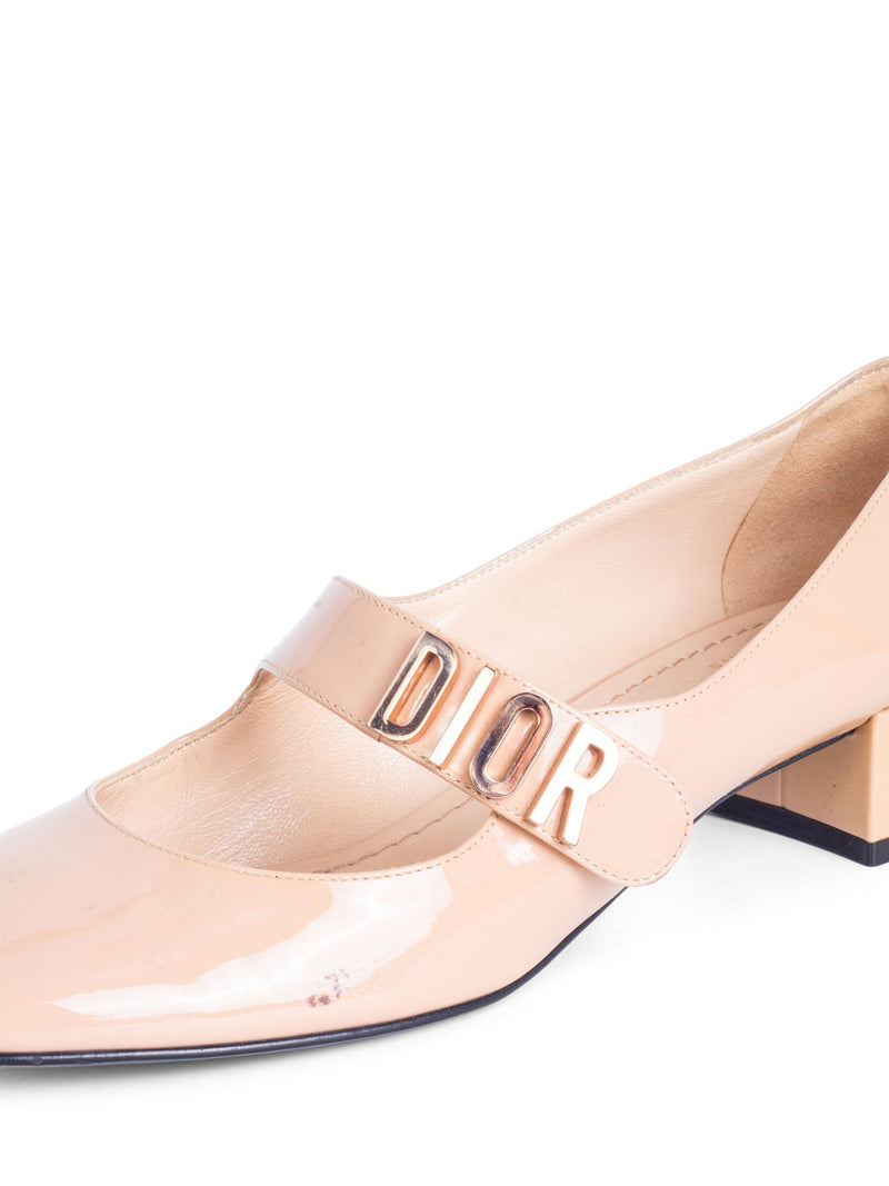 Christian Dior Logo Patent Leather Mary Jane Block Heels Beige-designer resale