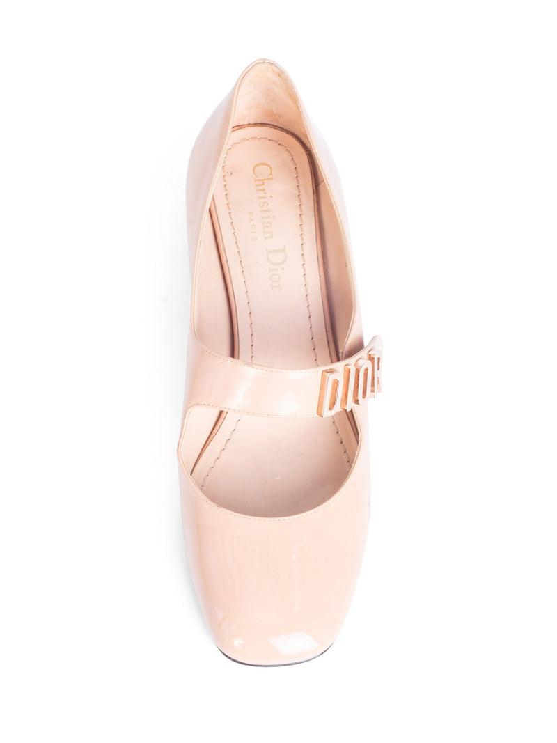 Christian Dior Logo Patent Leather Mary Jane Block Heels Beige-designer resale