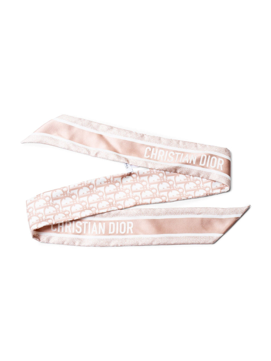 Christian Dior Oblique Print Silk Twilly Scarf Taupe White