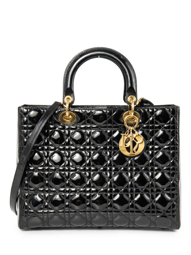 Christian Dior Patent Leather Cannage Large Lady Dior Tote Black-designer resale