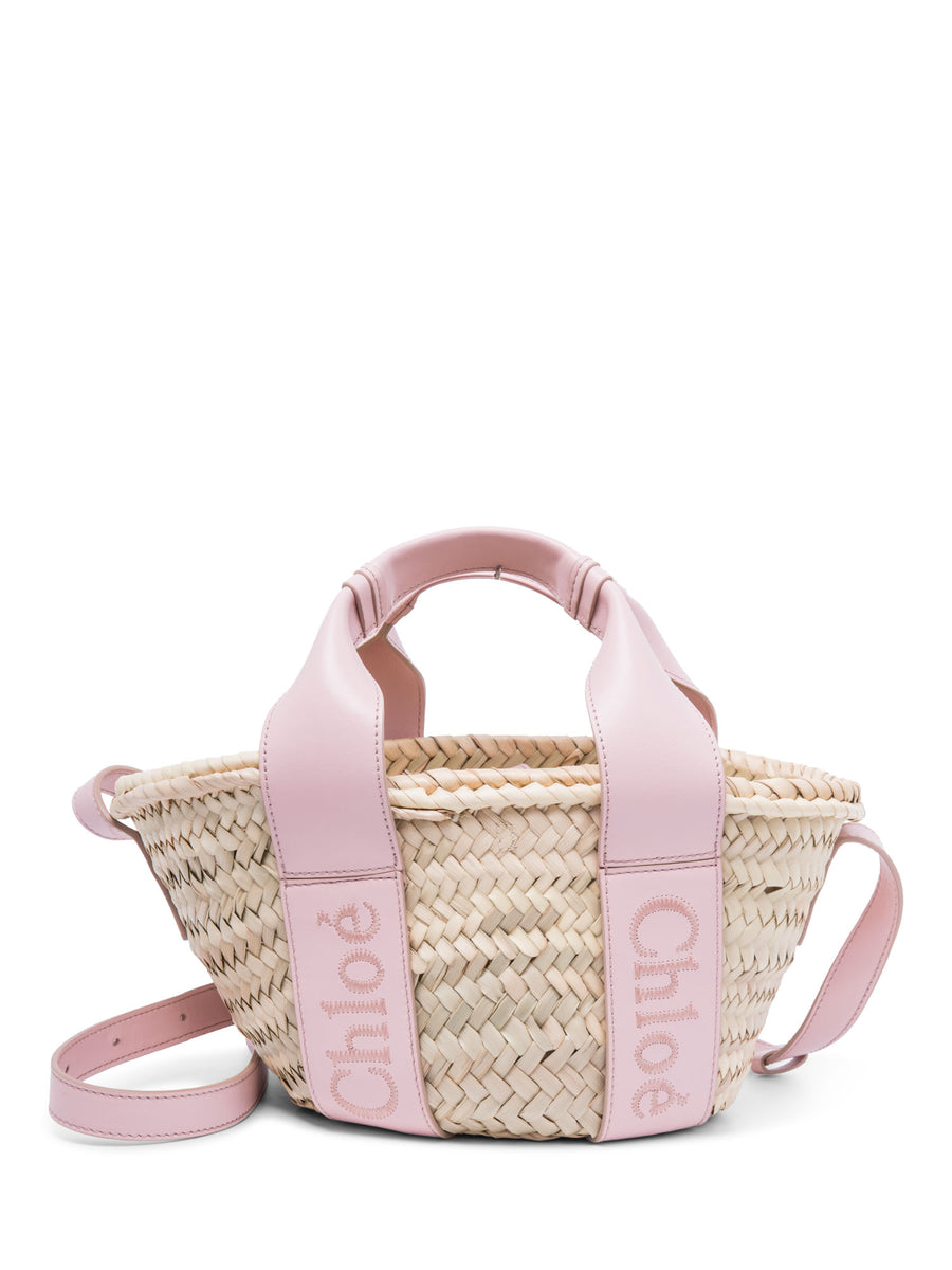 Chloe Logo Leather Raffia Small Sense Tote Bag Pink