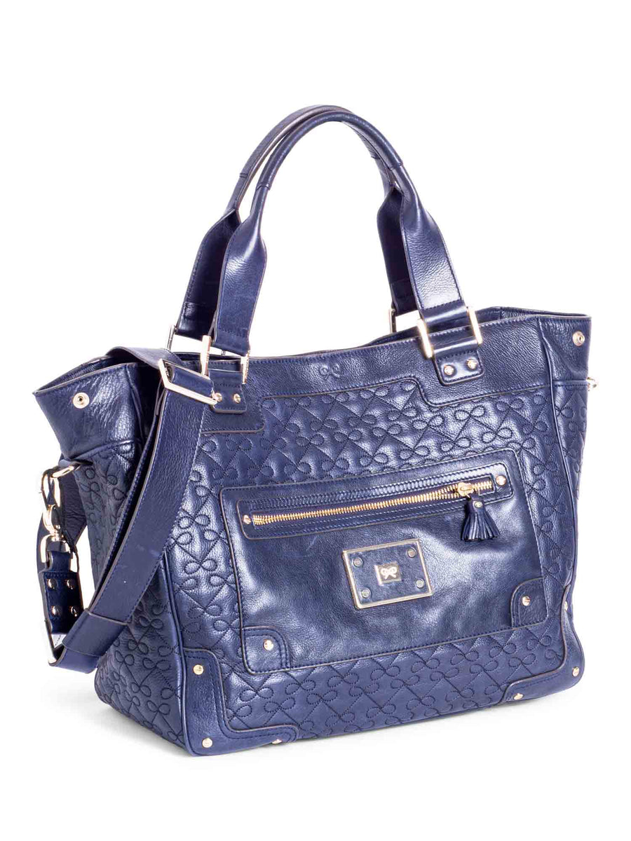 バッグ Anya Hindmarch Navy Ribbon Logo Bag Anya Hindmarch Logo Bow Quilted Neverfull Shopper Bag Navy Blue