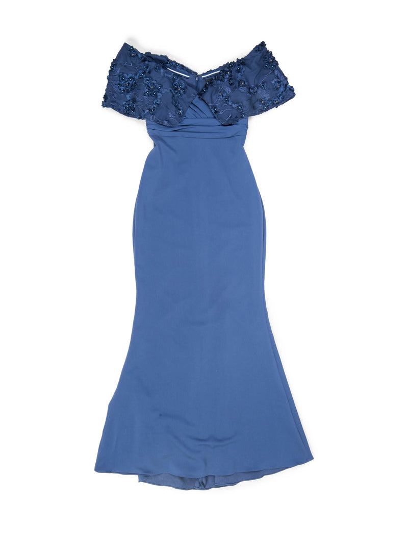 Badgley Mischka Floral Embroidered Lace Dress Blue