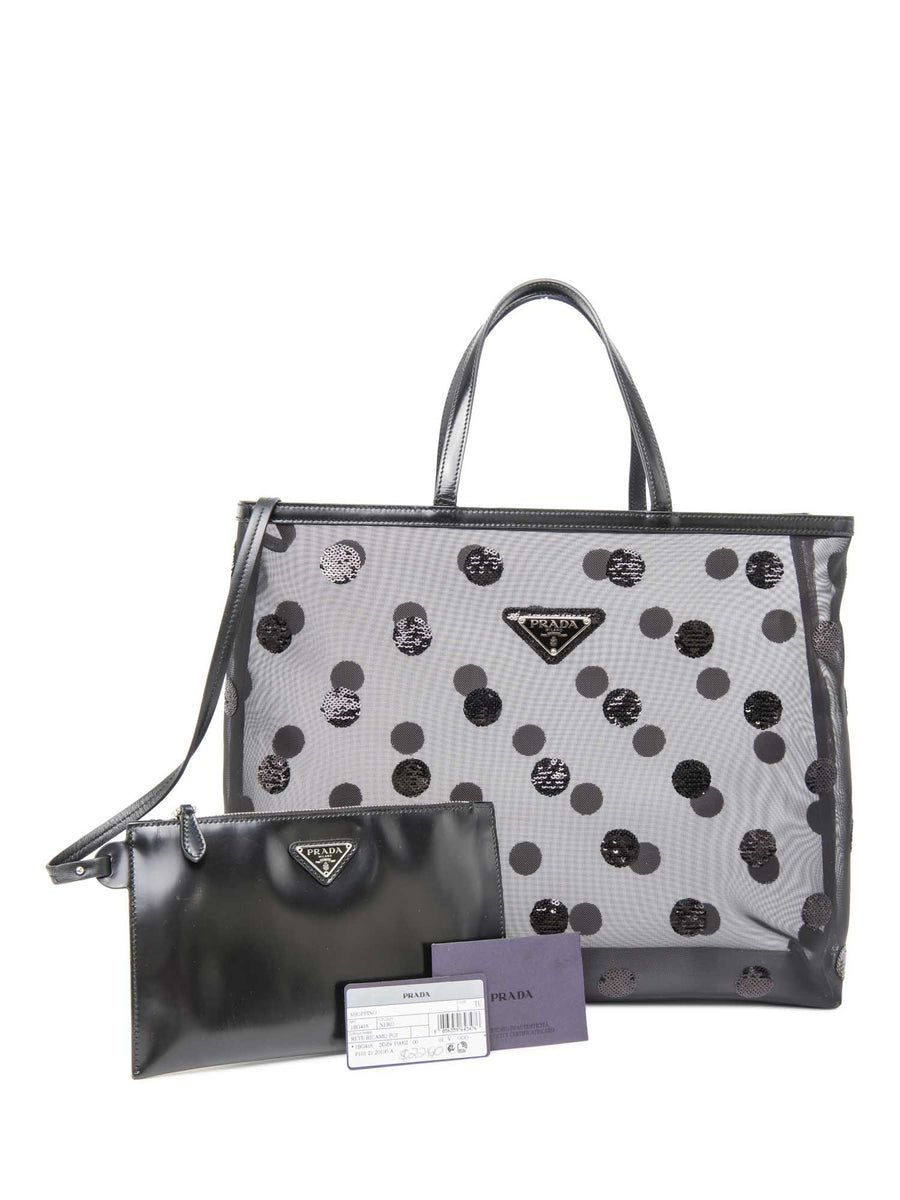 【関税送料込】Prada Polka Dot Mesh & Leather Tote ブラック PRADA Mesh Sequin Polka-Dot Tote Bag Black 1070316