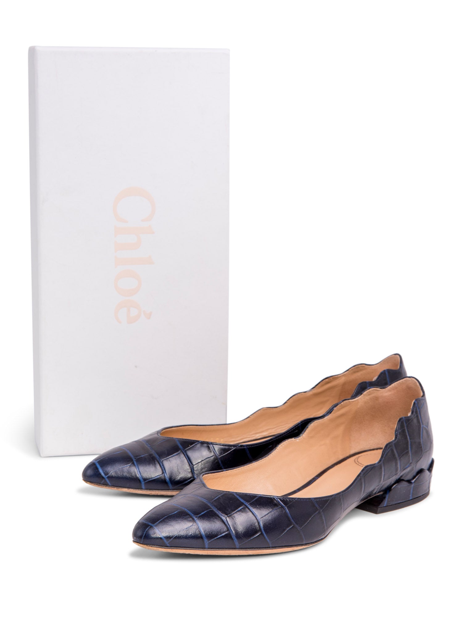 Chloe Croc Embossed Scalloped Pointed Toe Shoes Navy Blue