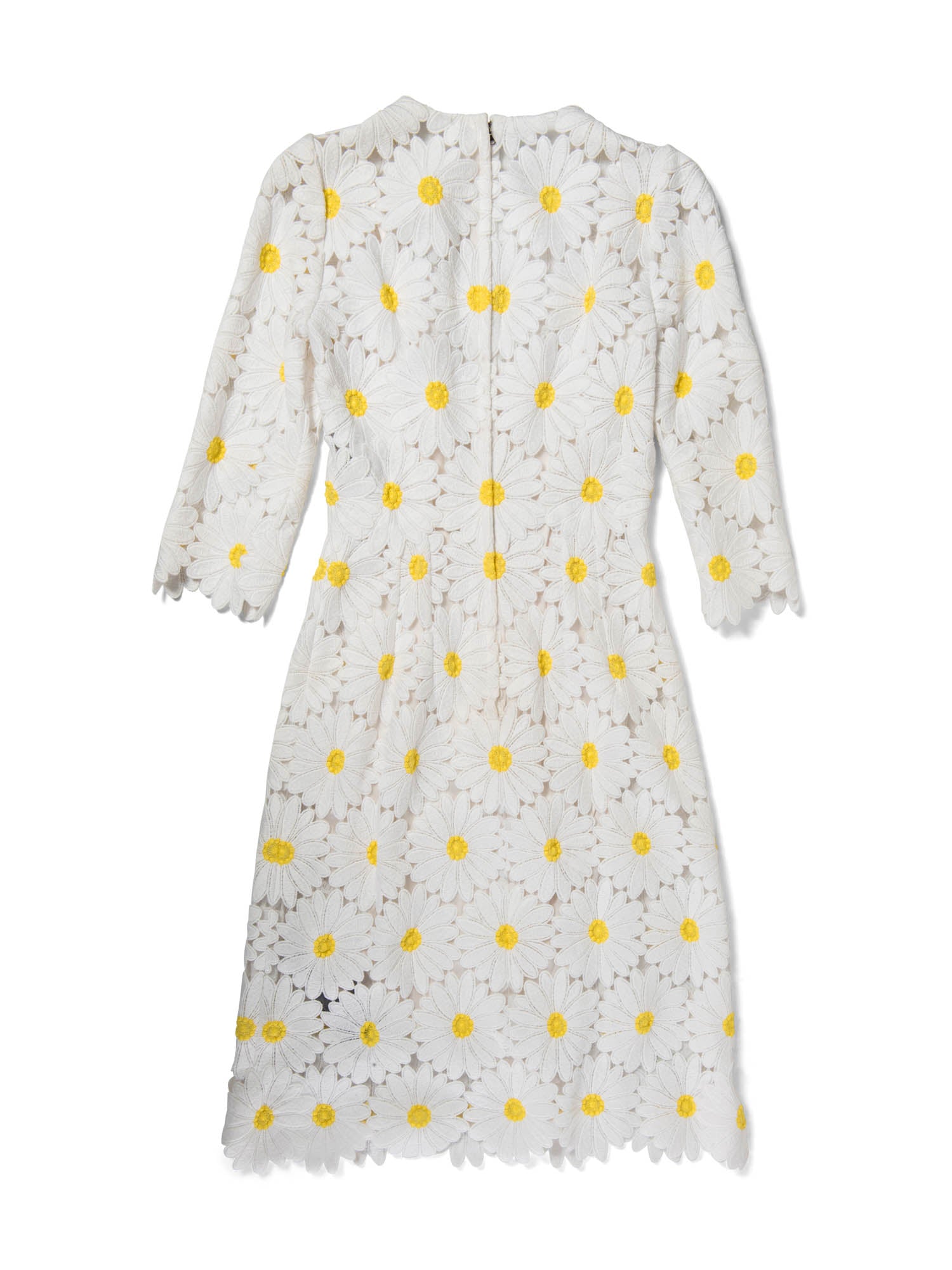 Dolce & Gabbana Embroidered Daisy Midi Fitted Dress White Yellow-designer resale