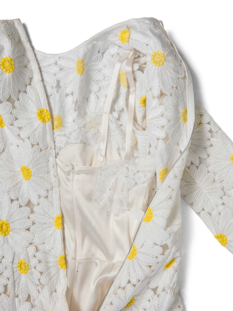 Dolce & Gabbana Embroidered Daisy Midi Fitted Dress White Yellow-designer resale