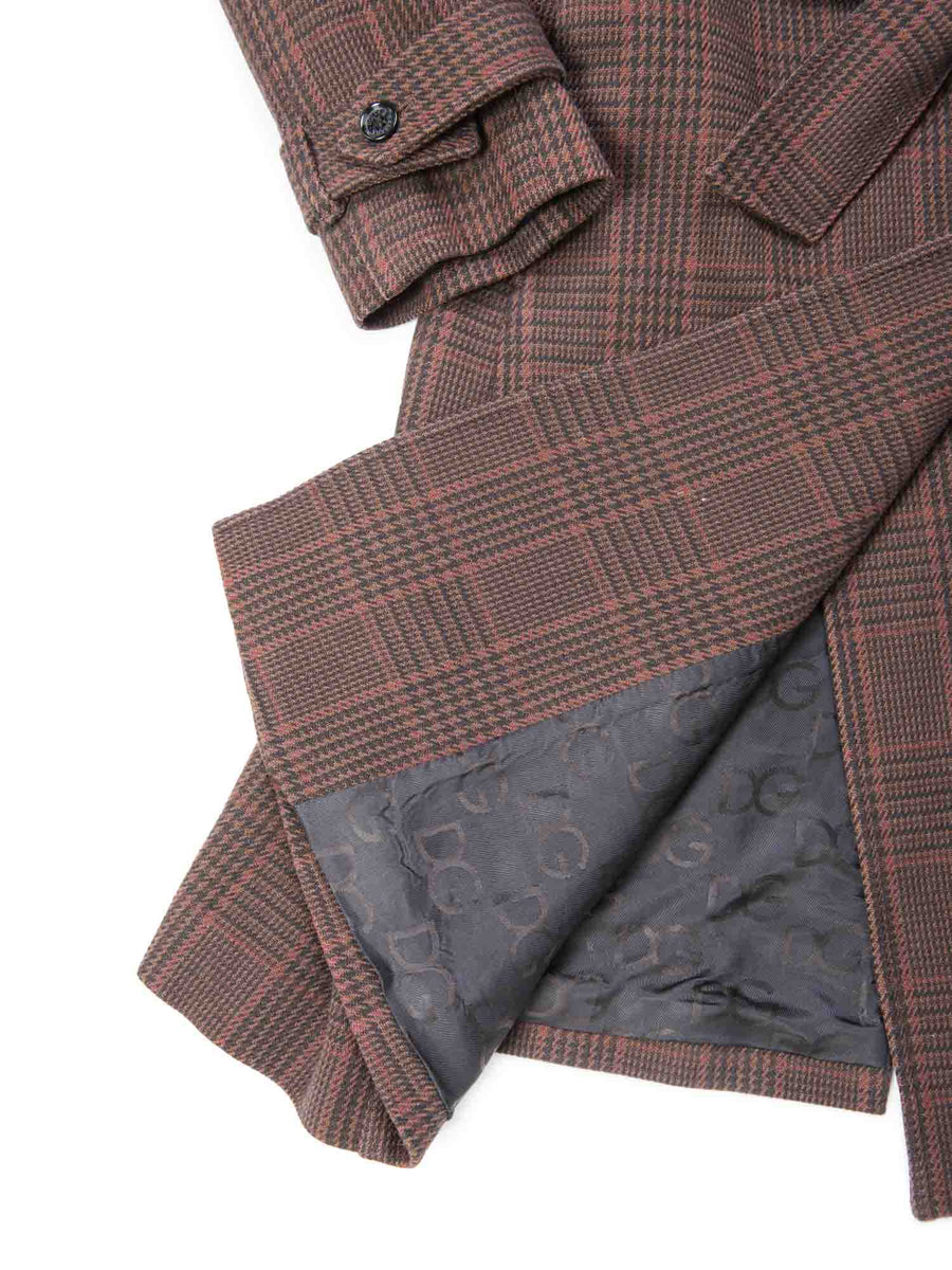 Dolce & Gabbana Logo Belted Plaid Trench Coat Brown