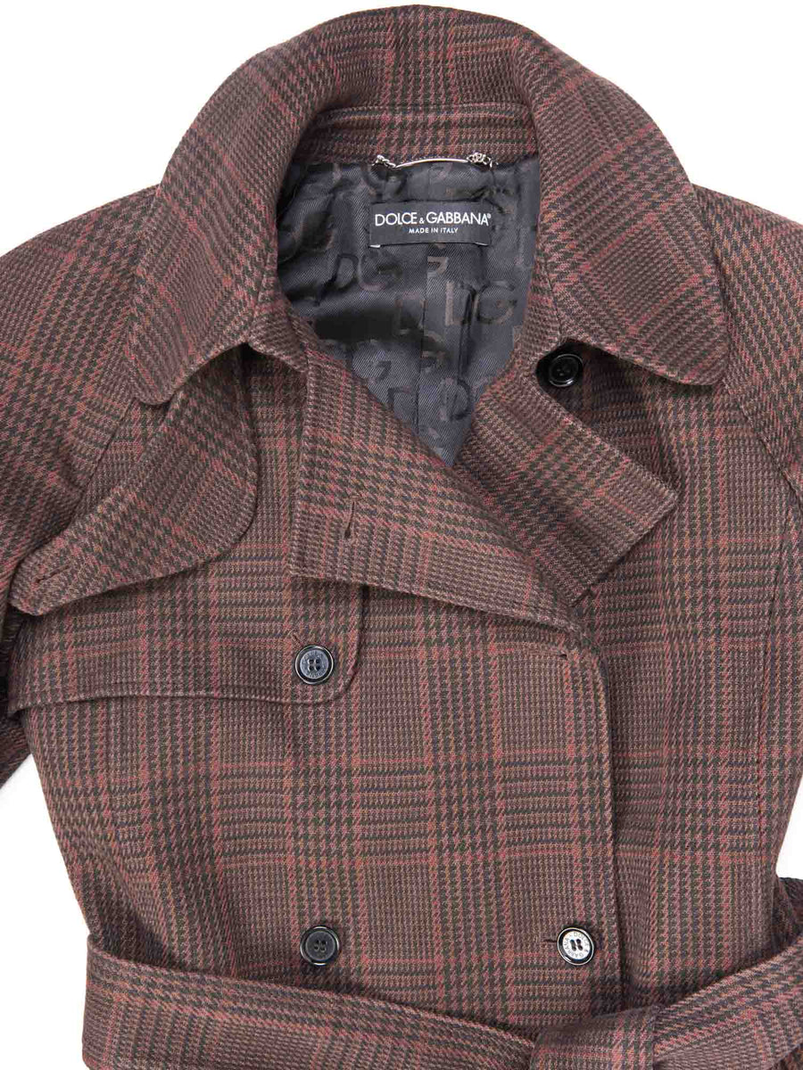 Dolce & Gabbana Logo Belted Plaid Trench Coat Brown