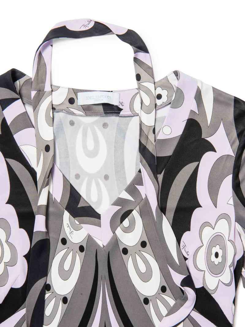 Emilio Pucci Vintage Signed Belted Floral Midi Dress Lavender Grey-designer resale