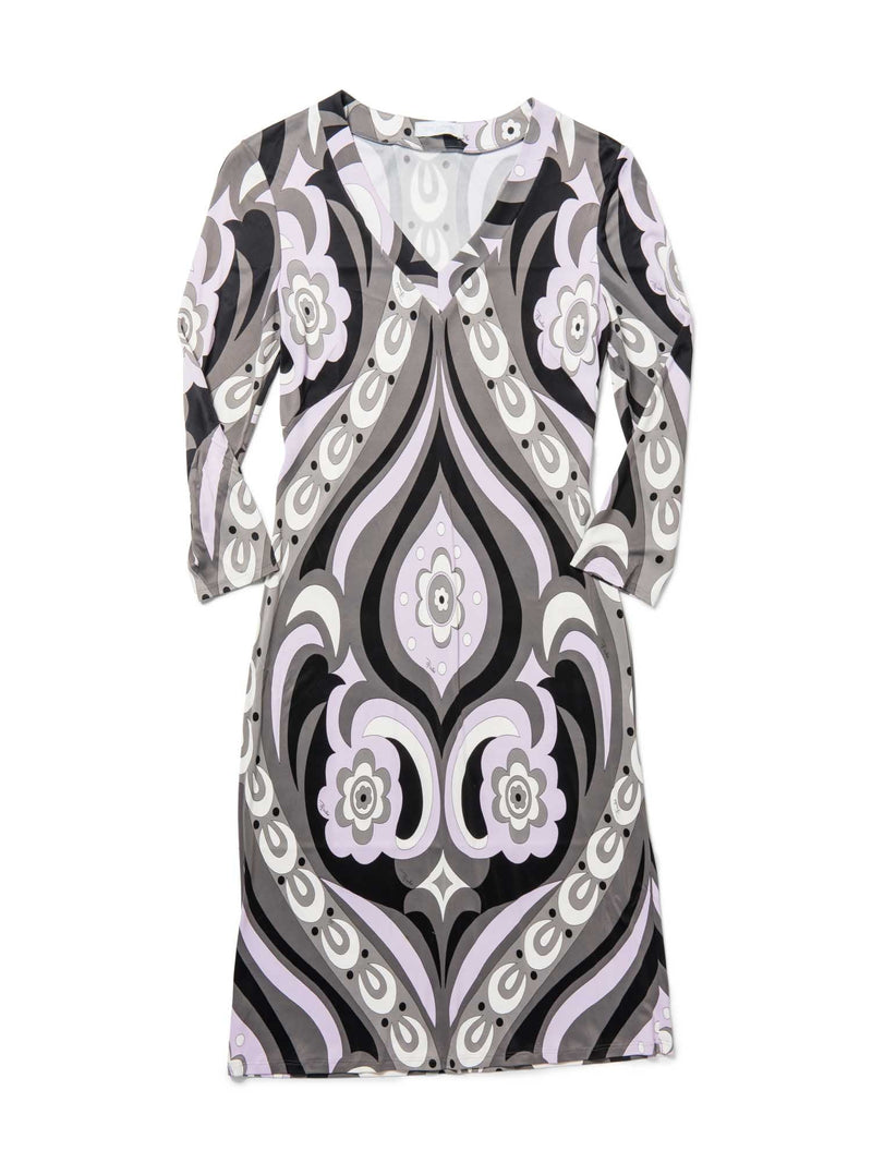 Emilio Pucci Vintage Signed Belted Floral Midi Dress Lavender Grey-designer resale