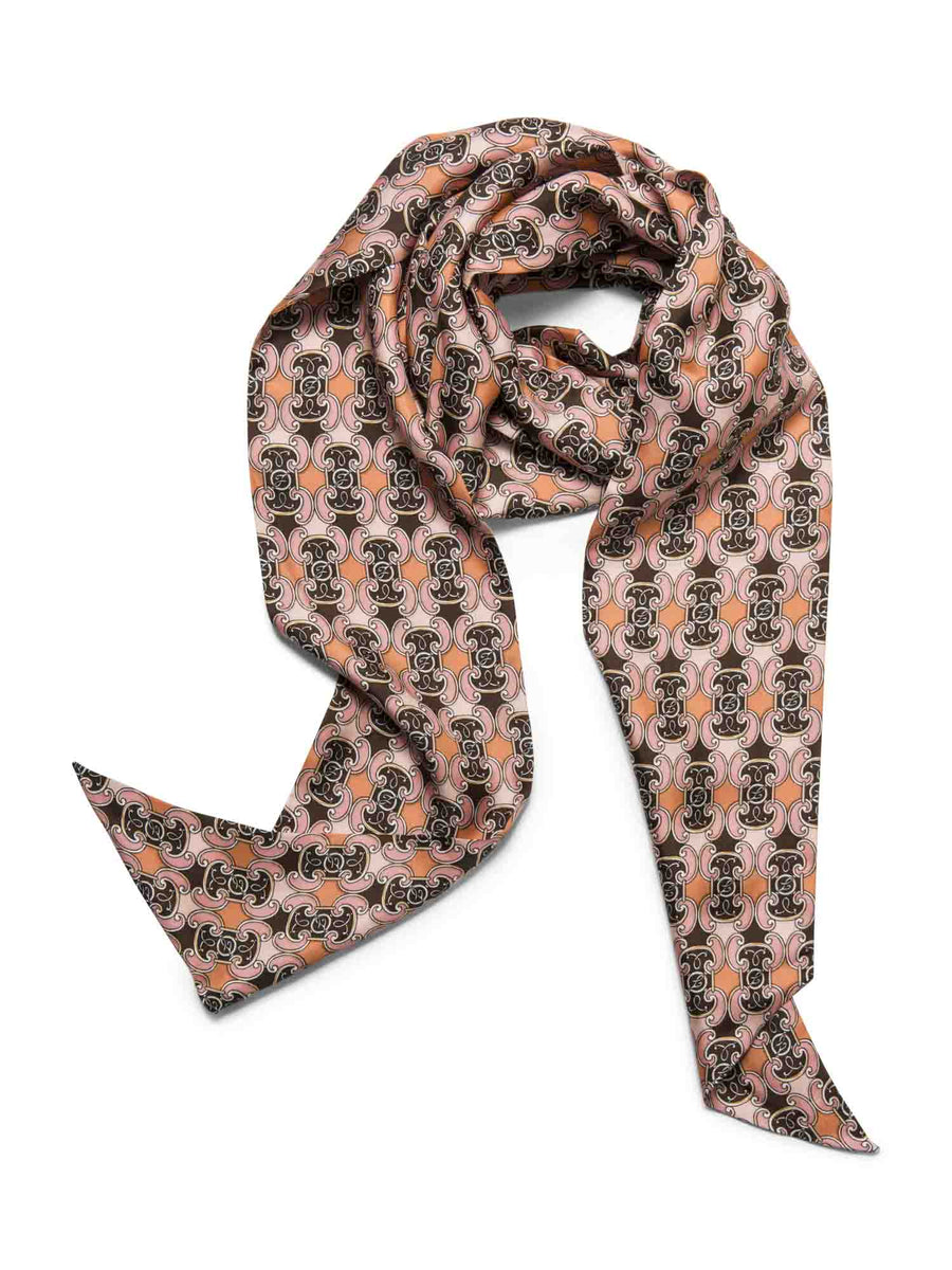Fendi F Logo Silk Long Twilly Scarf Pink Brown
