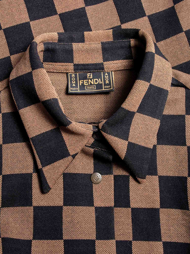 Fendi FF Logo Checkered Fitted Jersey Button Up Shirt Brown-designer resale