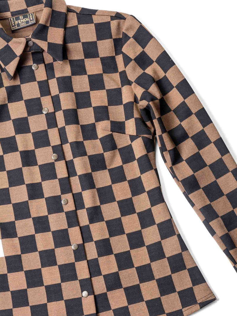 Fendi FF Logo Checkered Fitted Jersey Button Up Shirt Brown-designer resale