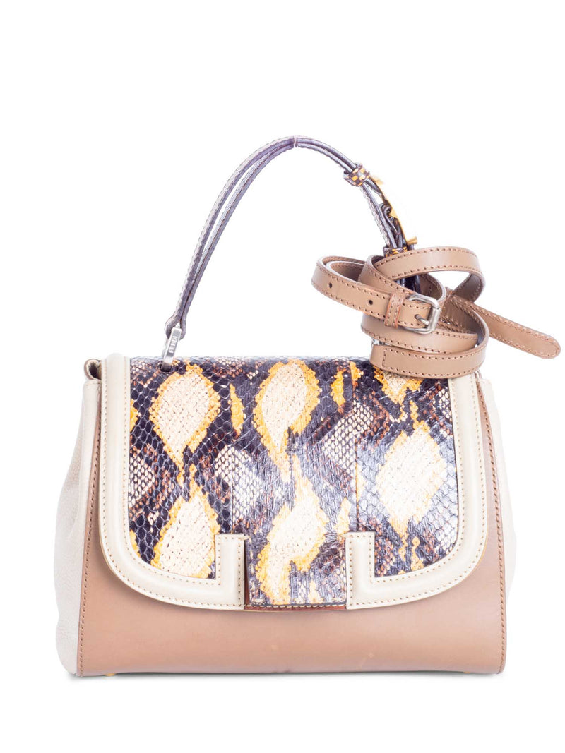 Fendi FF Logo Leather Python Top Handle Flap Bag Brown Gold Silver