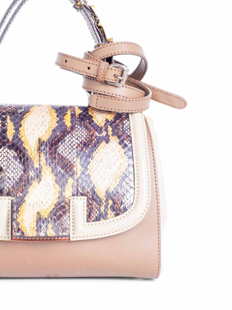 Fendi FF Logo Leather Python Top Handle Flap Bag Brown Gold Silver