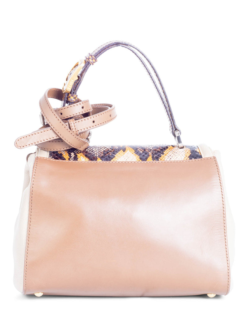 Fendi FF Logo Leather Python Top Handle Flap Bag Brown Gold Silver